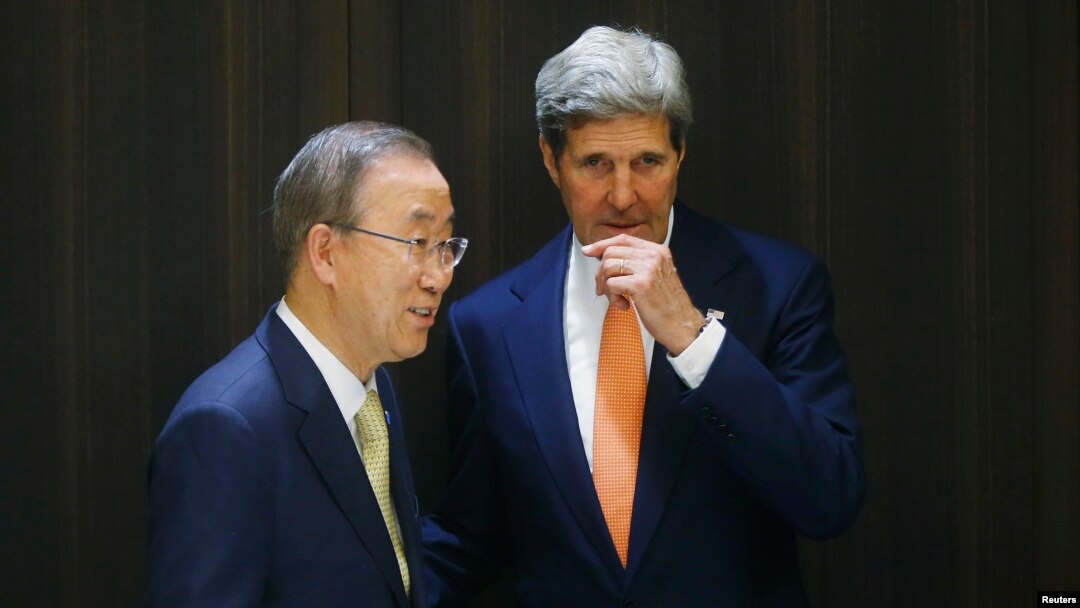 Ngoại trưởng Mỹ John Kerry và Tổng Thư ký LHQ Ban Ki-moon tại Jerusalem, ngày 23/7/2014.
