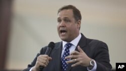 FILE - Rep. James Bridenstine, R-Okla., speaks during a rally in Tulsa, Okla., Feb. 28, 2016. Bridenstine was confirmed April 19, 2018, as President Donald Trump's pick to head NASA.