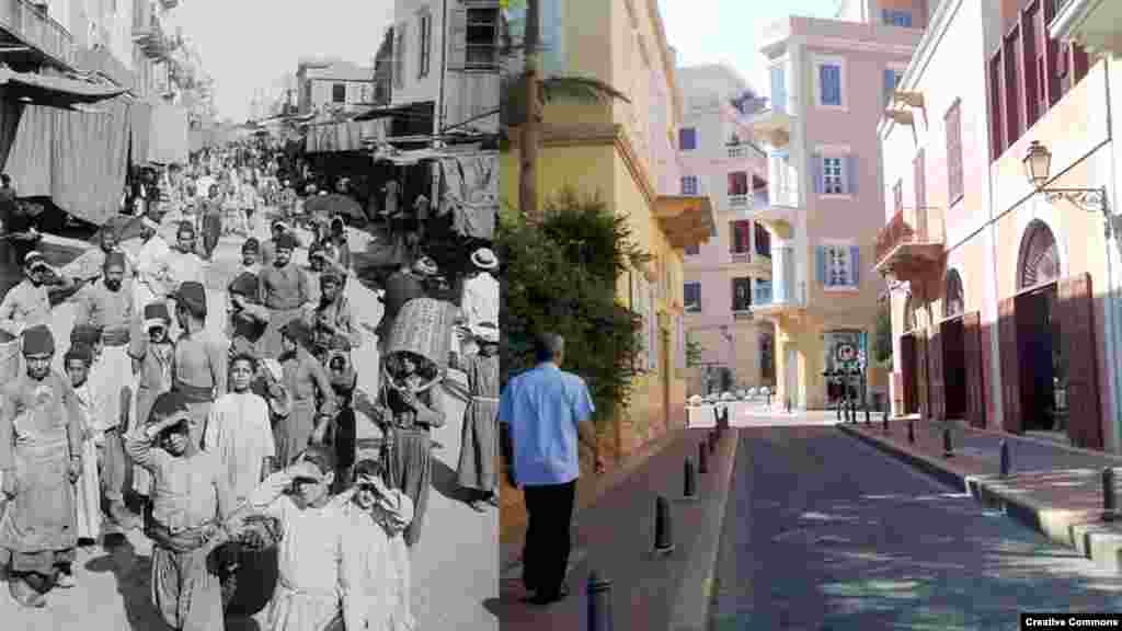 Beirut street scenes (L) ca. 1900-1920, American Colony (Jerusalem) Photo Dept. Library of Congress. (R) Street, Beirut central district, 18 Oct. 2008, rebuilt after 15-year civil war. Creative Commons/James Gallegher.