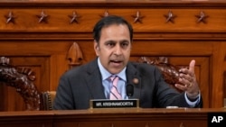 FILE - Rep. Raja Krishnamoorthi, D-Ill., questions a witness during a House Intelligence Committee hearing on Capitol Hill, in Washington, Nov. 20, 2019.