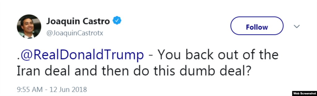 Texas Congressman Joaquin Castro, a Democrat, also questioned leaving the Iran deal but embracing the agreement with North Korea.
