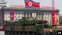 An April 15, 2012 photo of a North Korean vehicle carrying a missile during a mass military parade in Pyongyang's Kim Il Sung Square to celebrate the centenary of the birth of the late North Korean founder Kim Il Sung.