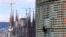 French urban climber, Alain Robert, also known as "French Spiderman", right, scales the 145 meters of the Agbar tower with the La Sagrada Familia Basilica designed by architect Antoni Gaudi in the background.