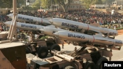 India's Brahmos supersonic cruise missiles, mounted on a truck, pass by during a full dress rehearsal for the Republic Day parade in New Delhi, January 23, 2006. 