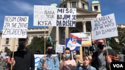 Protest za zaštitu životne sredine "Ekokoški ustanak", ispred zgrade Doma Narodne skupštine Srbije, u Beogradu, 10. aprila 2021. (Foto: Jovana Đurović, VoA)