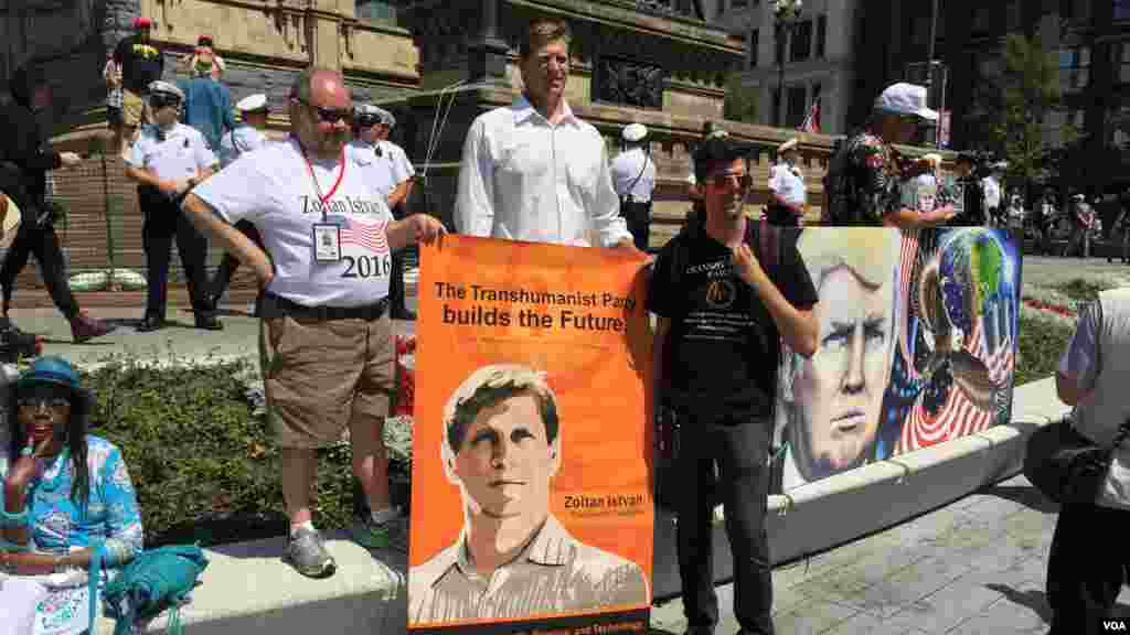 Transhumanist candidate for president of the United States, Zoltan Istvan, stands with supporters outside of the RNC (July 19, 2016).