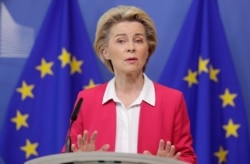 European Commission President Ursula von der Leyen gives a statement at the European Commission headquarters in Brussels, Belgium, Sept. 23, 2020.