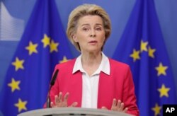 European Commission President Ursula von der Leyen gives a statement at the European Commission headquarters in Brussels, Belgium, Sept. 23, 2020.