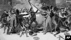 FILE - This is a scene from the Boston Massacre, March 5, 1770, in which British troops fired their muskets on civilians, killing five of them, and sparked the American Revolution. 