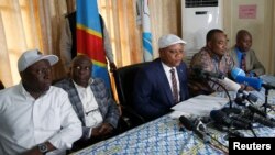 Jean-Marc Kabund, secretary general of Congolese main opposition party the Union for Democracy and Social Progress (UDPS) speaks during a press conference in Kinshasa, Democratic Republic of Congo, Jan. 8, 2019.