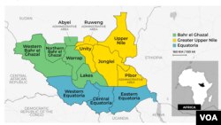 A map South Sudan's 10 states and three administrative areas. 