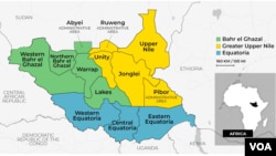 Map of South Sudan showing the nation's different states