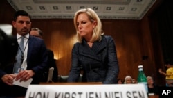 Homeland Security Secretary Kirstjen Nielsen arrives to testify to the Senate Homeland Security Committee, May 15, 2018, on Capitol Hill in Washington. Nielsen told the committee that DHS needed "clear legal authority to identify, track and mitigate drones that could pose a danger to the public and to DHS operations."