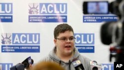 FILE - Gloucester County High School senior Gavin Grimm, a transgender student, speaks during a news conference in Richmond, Virginia, March 6, 2017. 