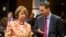 European Union Foreign Policy Chief Catherine Ashton (l) speaks with Polish Foreign Minister Radoslaw Sikorski during an EU foreign ministers meeting at EU headquarters in Brussels, Jan. 20, 2014. 