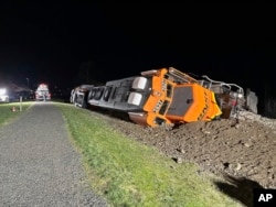 Photo shows a derailed BNSF train on the Swinomish Reservation near Anacortes, Wash. on March 16, 2023. A federal judge on Monday, June 17, 2024, ordered BNSF to pay the tribe $400 million for intentionally trespassing on the reservation. (Washington Department of Ecology via AP)