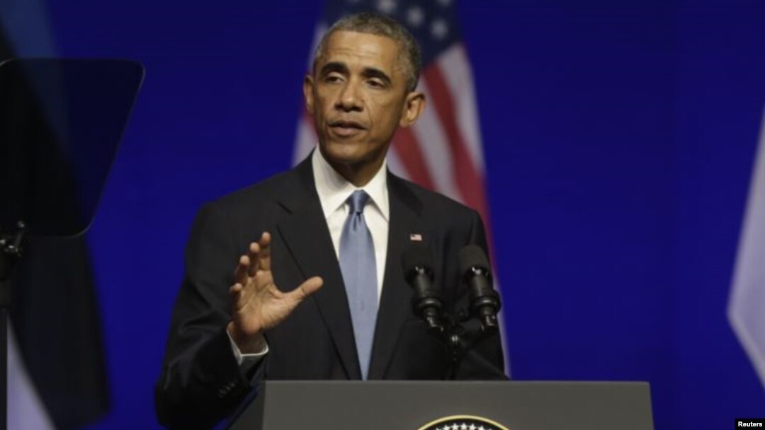 Presiden AS Barack Obama berbicara Tallinn, Estonia hari Rabu (3/9). 