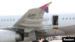 Asiana Airlines’ Airbus A321 plane, of which a passenger opened a door on a flight shortly before the aircraft landed, is pictured at an airport in Daegu