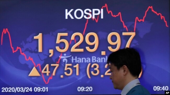 FILE - A currency trader walks by a screen showing the Korea Composite Stock Price Index (KOSPI) at the foreign exchange dealing room in Seoul, South Korea, Tuesday, March 24, 2020.