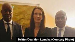 Sophie Wilmes, Premier ministre ya Belgique (C) na Martin Fayulu mpe Adolphe Muzito na Kinshasa, RDC, 7 février 2020. (Twitter/Coalition Lamuka)