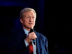 Democratic presidential candidate Tom Steyer announces the end of his presidential campaign following the results of the South Carolina primary, Feb. 29, 2020, in Columbia, South Carolina.