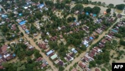 This aerial view shows the flooding in Shwegyin township, Bago Ragion, Aug. 8, 2019. 