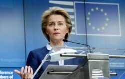 FILE - European Commission President Ursula von der Leyen speaks during a media conference after an EU summit, in video conference format, at the European Council in Brussels, June 19, 2020.