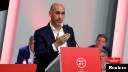 President of the Royal Spanish Football Federation Luis Rubiales announces he will stay as president during a meeting on Aug. 25, 2023, in Las Rosas, Spain. FIFA suspended Rubiales from office the next day. (RFEF via REUTERS)