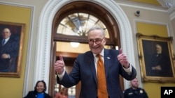 U.S. Senate Majority Leader Chuck Schumer celebrates as the Senate begins voting on the government funding bill just in time to meet the midnight deadline, at the Capitol in Washington, Dec. 20, 2024.