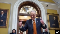 Senate Majority Leader Chuck Schumer celebrates as the Senate begins voting on the government funding bill just in time to meet the midnight deadline, at the Capitol in Washington, Dec. 20, 2024.