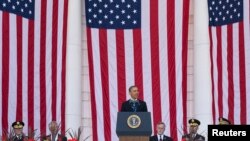 U.S. President Barack Obama speaks during Memorial Day ceremonies at Arlington National Cemetery in Virginia May 26, 2014. 