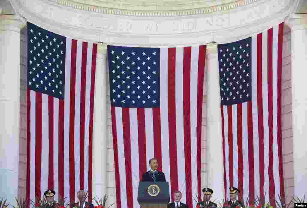 U.S. President Barack Obama speaks during Memorial Day ceremonies at Arlington National Cemetery in Virginia.