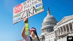 FILE - Wearing a homemade mosquito costume, an expectant father from Washington who asked not to be named, protests the lack of Congressional approval to fund a federal response to the Zika virus, Sept. 14, 2016, on Capitol Hill in Washington. 