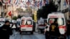 View of ambulances at the scene after an explosion on busy pedestrian Istiklal street in Istanbul, Turkey, Nov. 13, 2022.