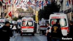 View of ambulances at the scene after an explosion on busy pedestrian Istiklal street in Istanbul, Turkey, Nov. 13, 2022.