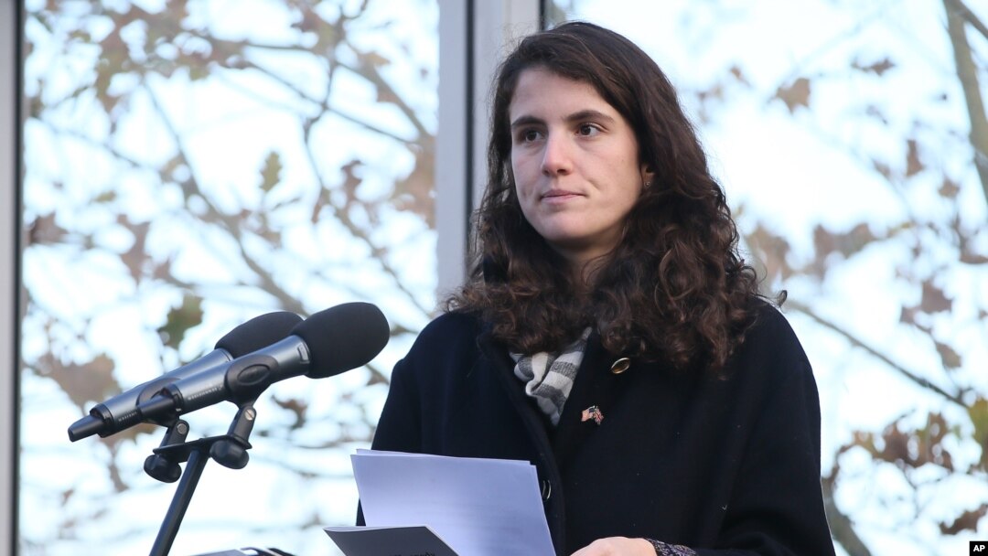 FILE - Tatiana Schlossberg, granddaughter of President John F. Kennedy, makes a short speech during a ceremony at the JFK memorial at Runnymede, England, Nov. 22, 2013. 