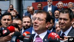 Ekrem Imamoglu, mayoral candidate of the main opposition Republican People's Party, CHP, speaks to the media after emergency talks with senior CHP officials, in Ankara, Turkey, May 7, 2019.