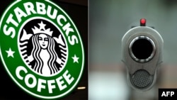 This combination of file images show the logo for coffee giant Satrbucks and the end of a .45 caliber semi-automatic pistol. Starbucks is asking armed customers to leave their guns at the door, but not banning firearms outright.