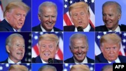 Esta combinación de imágenes creadas el 4 de noviembre de 2020 muestra al candidato presidencial demócrata Joe Biden en Wilmington, Delaware, y al presidente de Estados Unidos, Donald Trump, en Washington, DC.