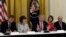 President Donald Trump, center, meets with Republican senators on health care in the White House, June 27, 2017. Seated with him, from left, are Sen. Susan Collins, R-Maine and Sen. Lisa Murkowski, R-Alaska.