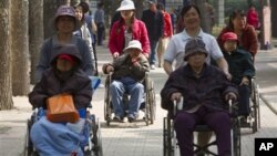 Elderly women in wheelchairs are pushed by care workers while touring a park in Beijing, China