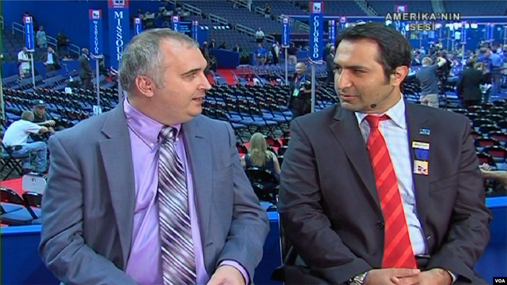 Turkish Service reporter Alp Esmer interviews Ersal Ozdemir, the only Turkish-American delegate at the Republican Convention, on a live show for an affiliate in Turkey.