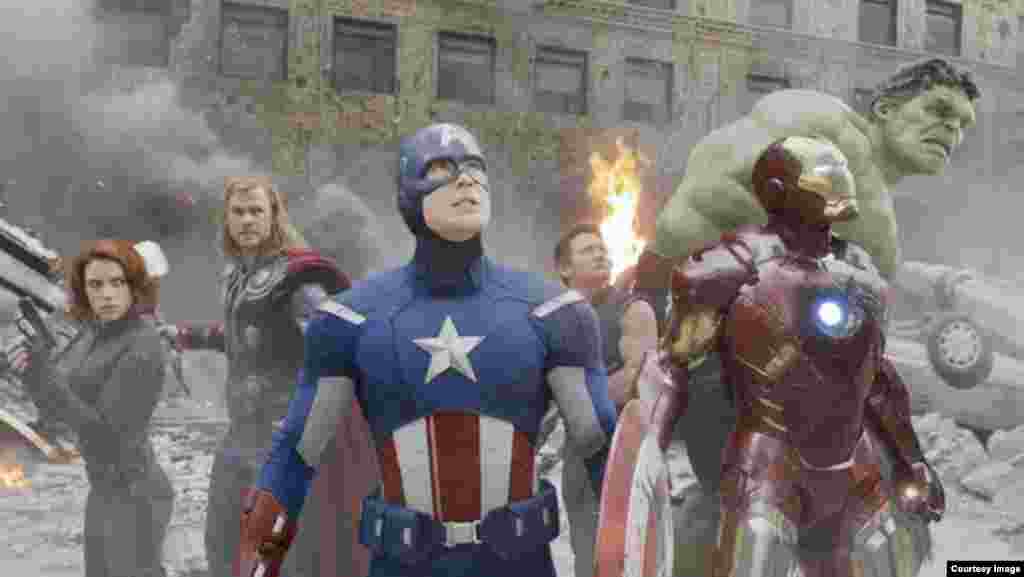 Black Widow (far left) and Captain America (center) in Marvel's "The Avengers" are popular costumes in 2014. (Marvel)