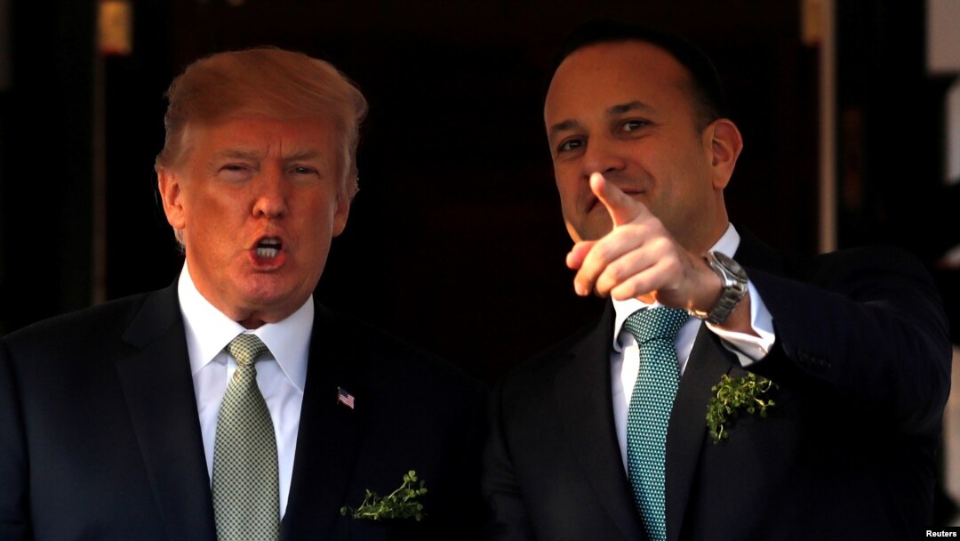 FILE - U.S. President Donald Trump welcomes Irish Prime Minister Leo Varadkar for a St. Patrick's Day reception at the White House in Washington, March 15, 2018.