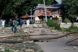 A neighborhood street is blocked with tree branches by Kashmiri protesters in Srinagar, Aug. 19, 2019.