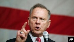 Former Alabama Chief Justice and U.S. Senate candidate Roy Moore speaks at a campaign rally, Dec. 5, 2017, in Fairhope Ala.