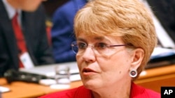 FILE - Then U.S. Under-Secretary of Commerce for Oceans and Atmosphere Jane Lubchenco addresses reporters as she attends the opening session of the International Commission for the Conservation of Atlantic Tunas, ICCAT, an inter-governmental fishery orga