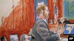 In this courtroom sketch, Assistant U.S. Attorney Nicholas Lewin, foreground, gives his opening statement to the jury in the trial of Ahmed Khalfan Ghailani, left, as lead defense attorney Steve Zissou, third from left, and Judge Lewin Kaplan, right, look