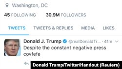 A late night Tweet is seen from the personal Twitter account of U.S. President Donald Trump, May 31, 2017. The Tweet reads, "Despite the constant negative press covfefe"