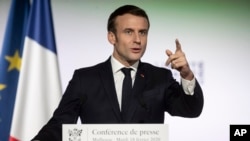French President Emmanuel Macron, delivers a speech during his visit in Mulhouse, eastern France, Feb. 18, 2020. Macron said he was determined to fight against "Islamist separatism." 